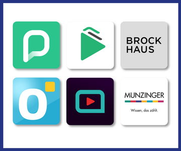 Hier sind sechs Logos von ein paar unserer digitalen Angebote zu sehen: Von Pressreader, der Onleihe, Brockhaus, Tigerbooks, Filmfriend und Munzinger.