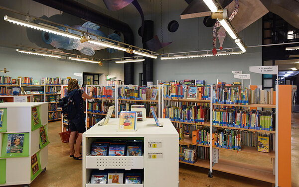Es sind wieder viele bunte Bücherregale zu sehen. Vor einem steht eine Frau. Die Decken sind sehr hoch, von ihnen hängen große bunte Wolken und ein großer Fisch als Deko