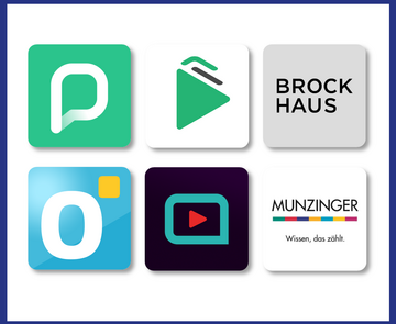 Hier sind sechs Logos von ein paar unserer digitalen Angebote zu sehen: Von Pressreader, der Onleihe, Brockhaus, Tigerbooks, Filmfriend und Munzinger.