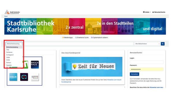 Screenshot des Bibliothekskatalogs, die "Einfache Suche" ist rot umkreist